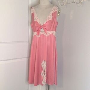 Vintage 70s Pink Babydoll Nighty Chemise Slip Union Tag Bow Tie Front Lace Sz M